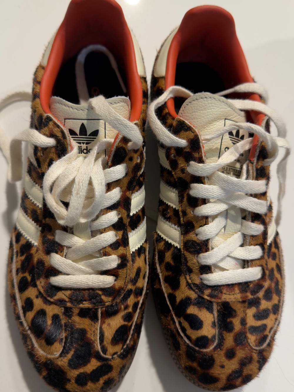 adidas Leopard Ponyhair Sneakers with White Stripes and Coral Lining - Picture 2 of 7